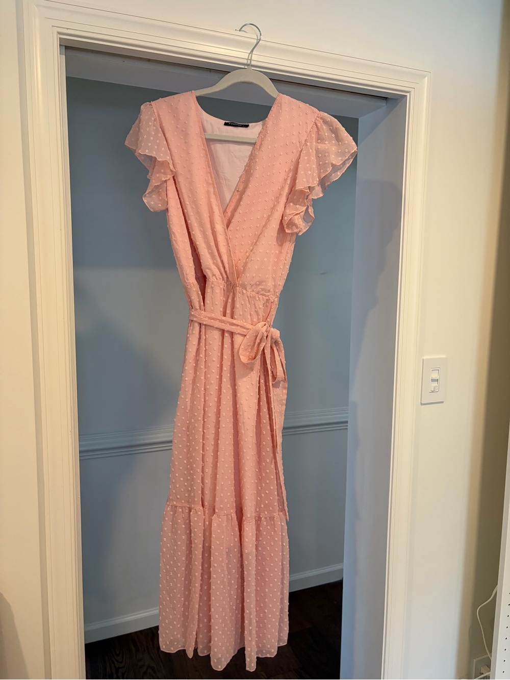 Pink Swiss Dot Wrap Midi Dress